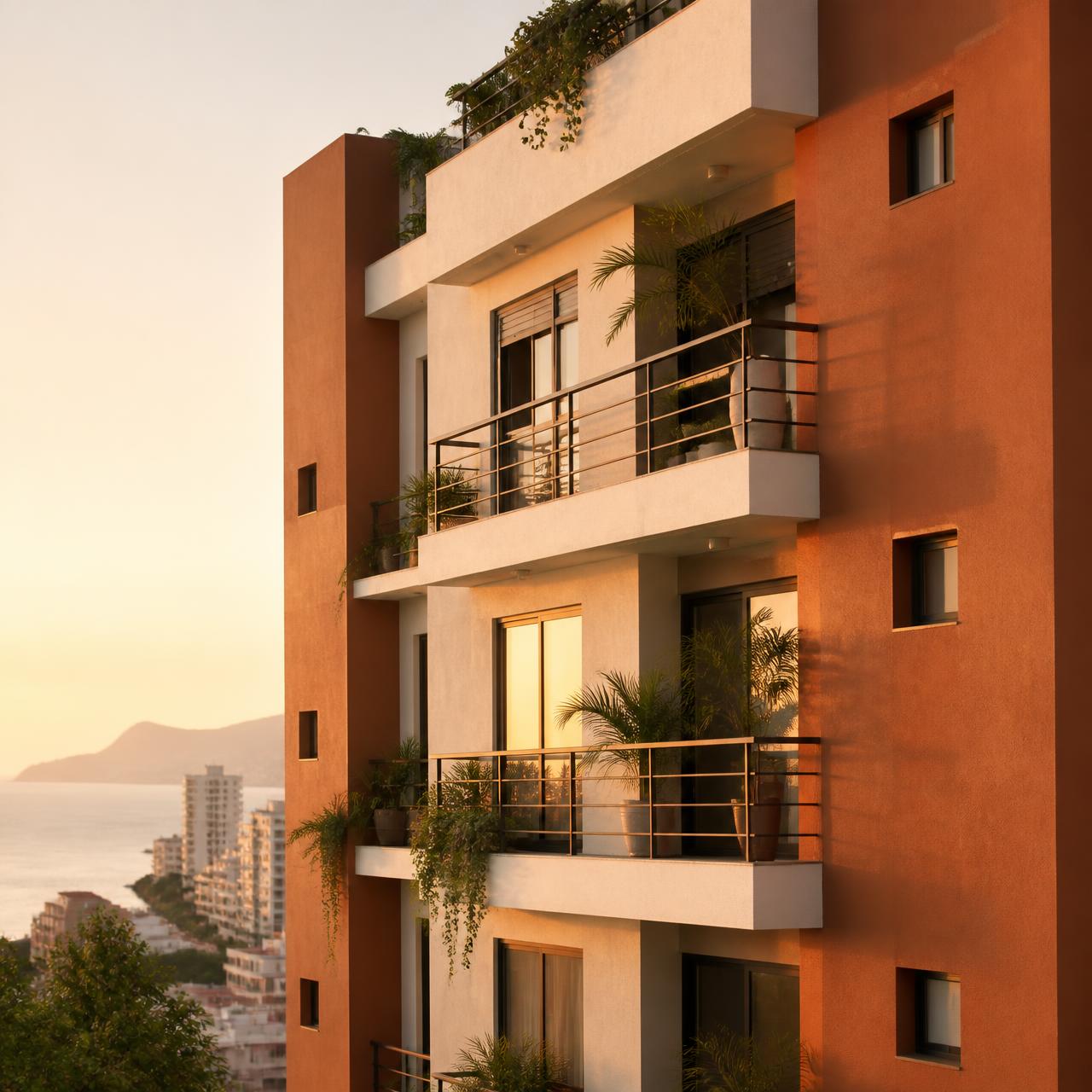 Edificio de departamentos en alquiler en Lima al atardecer